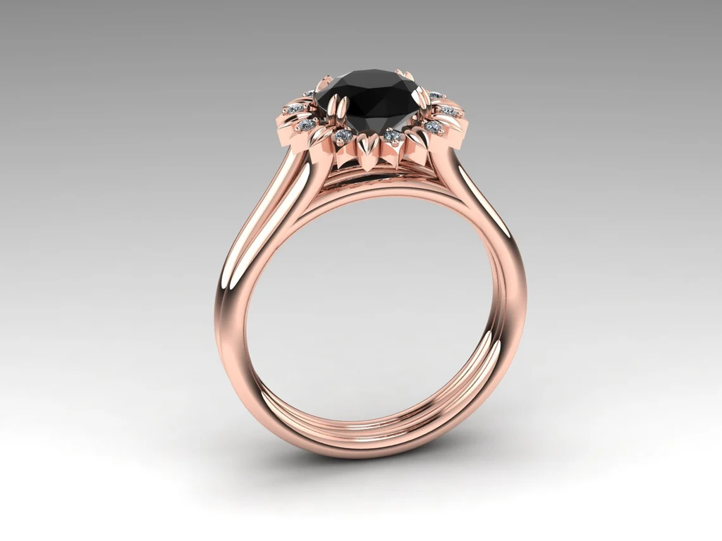 Sun Flower Black Diamond Engagement Ring, In Rose Gold