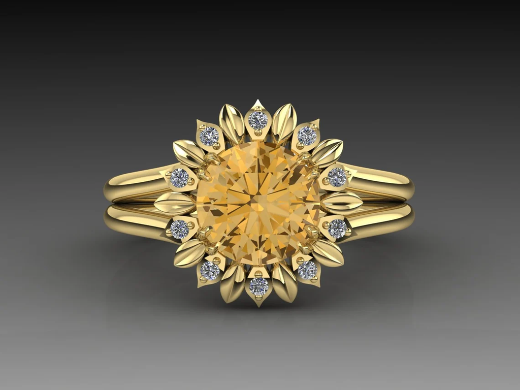 Citrine And Diamond Flower Ring, 14K Yellow Gold