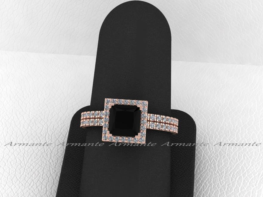 Princess Cut Natural Black Diamond Engagement Ring Set