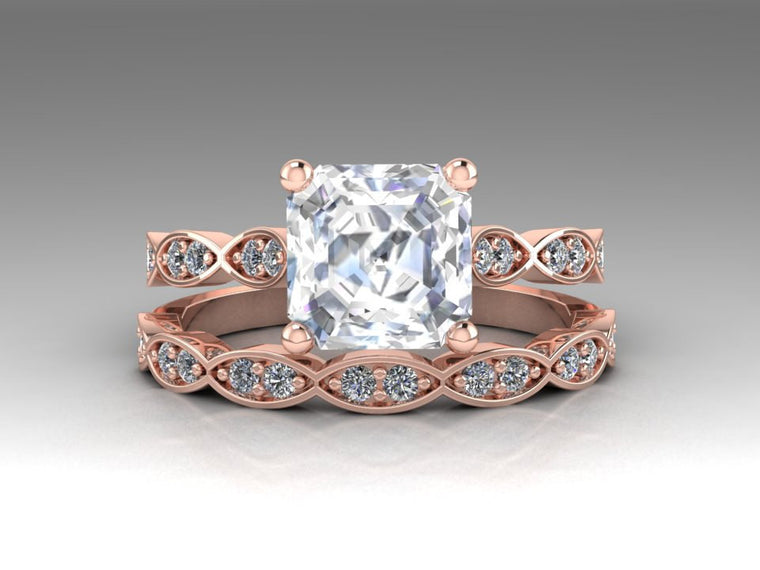 Floral Ring Set, Step Cut Asscher Forever One Moissanite