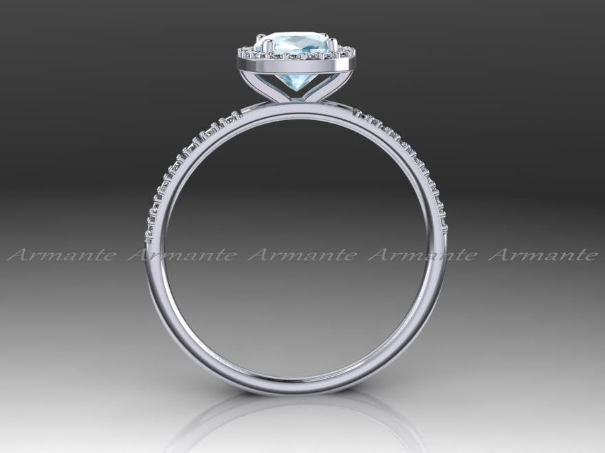 Cushion Cut Halo Diamond Aquamarine Engagement Ring