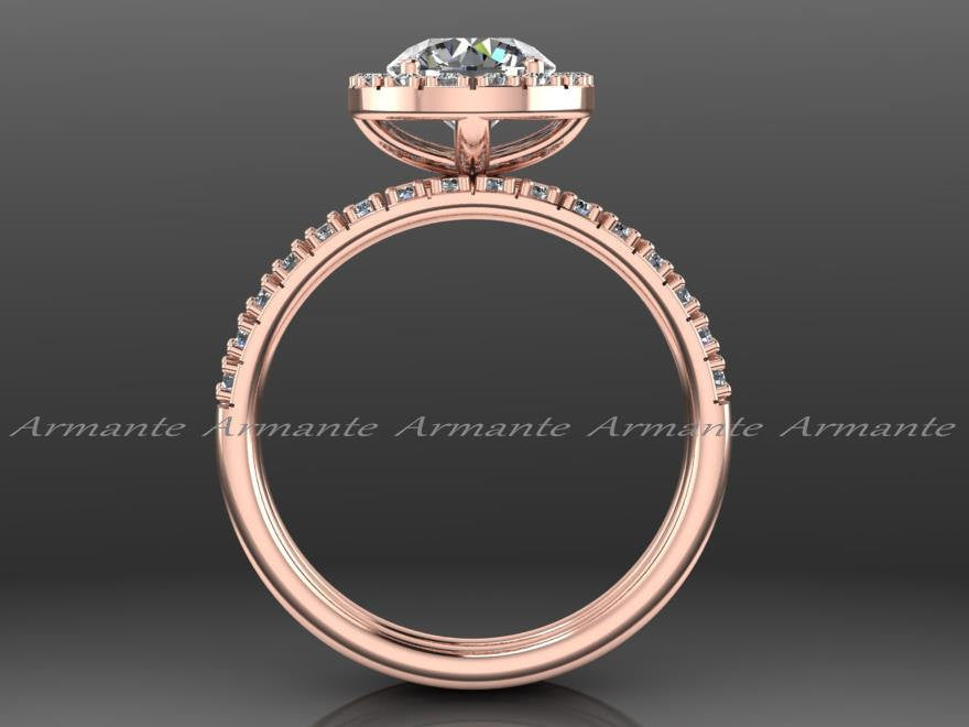 Rose Gold Moissanite And Natural Diamond Halo Bridal Ring Set
