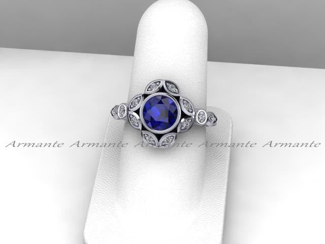 Leaf Flower Engagement Ring Diamond and Sapphire Bridal Ring