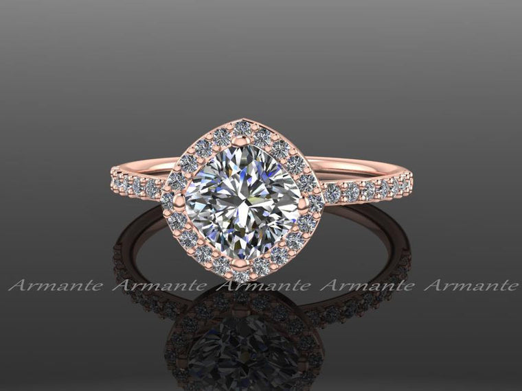 Unique Cushion Moissanite & Diamond Rose Gold Wedding Ring
