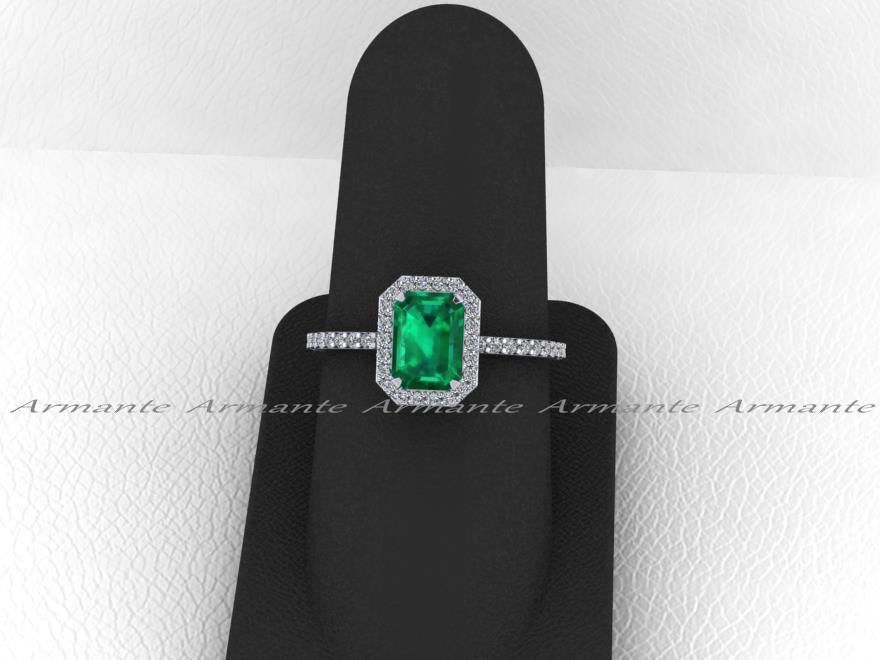 Lab Grown Emerald and Diamond Wedding Ring, 14K White Gold
