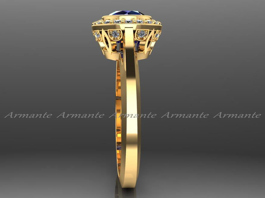 Vintage Style Yellow Gold Diamond and Blue Sapphire Ring