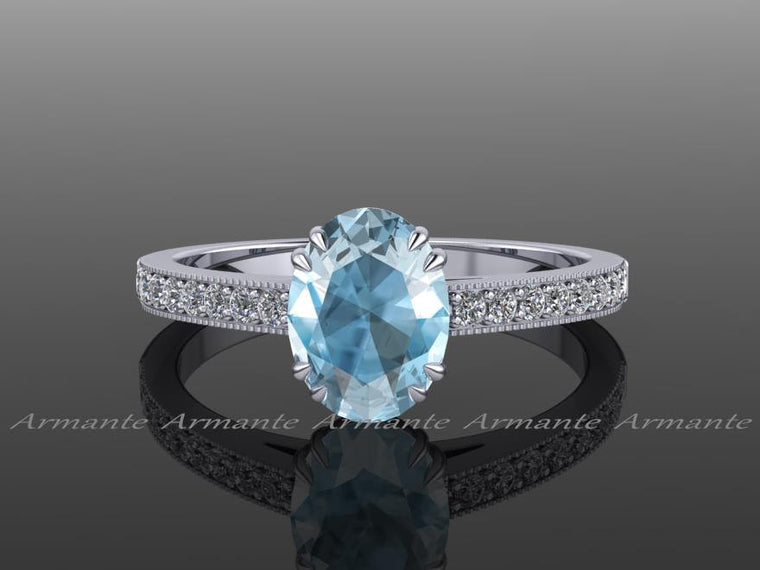 Oval Cut Aquamarine and Diamond Wedding Ring