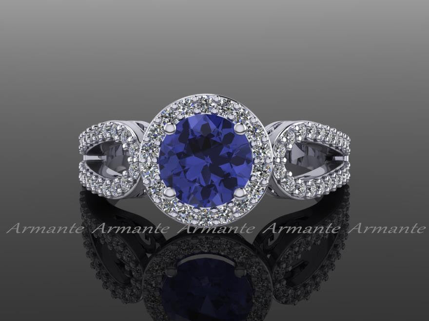 Tanzanite Engagement Ring, White Gold Diamond Filigree Wedding Ring