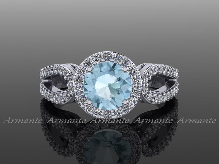 Aquamarine Engagement Ring, Halo Diamond Filigree Wedding Ring