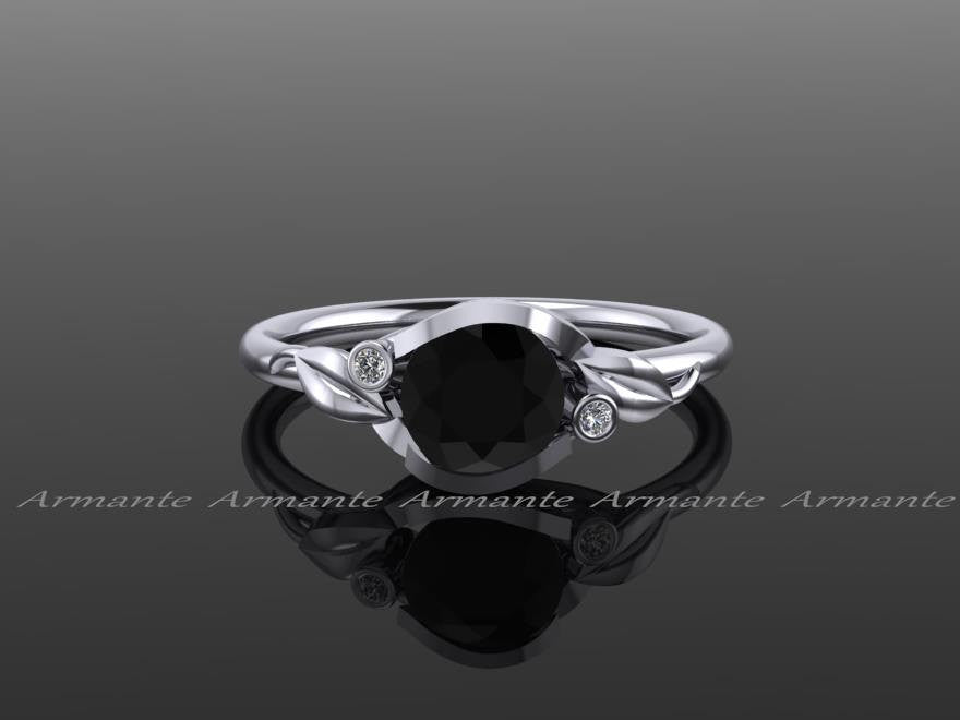 Flower Leaf Engagement Ring, Black And White Diamond Ring