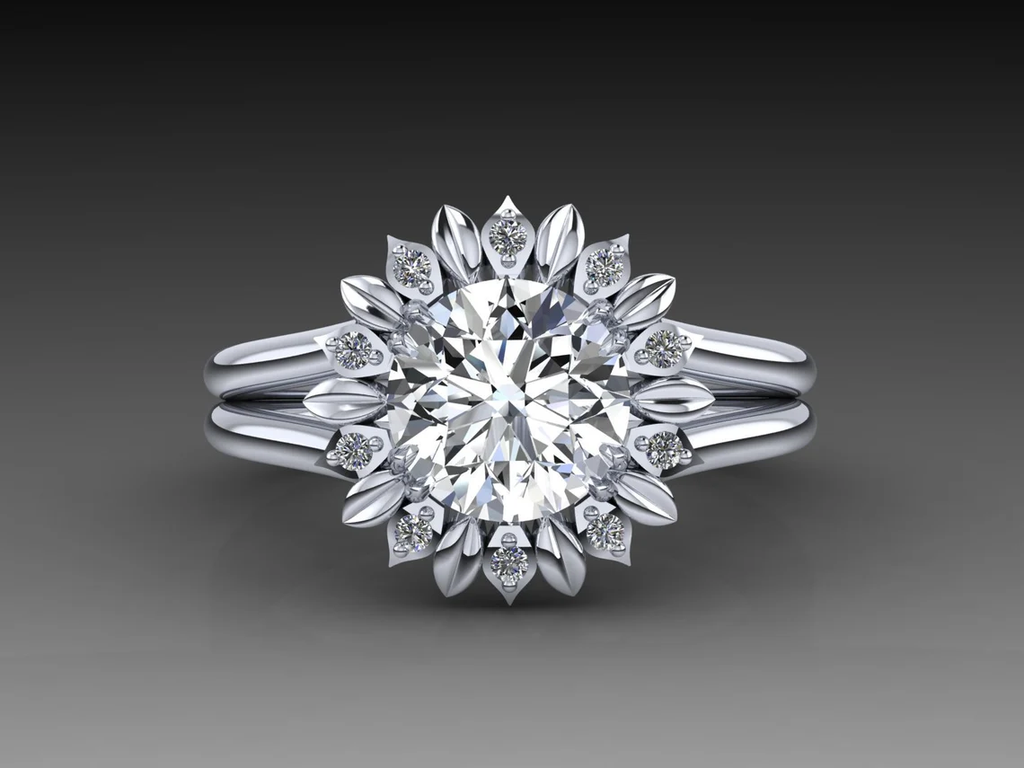 Sunflower Moissanite Ring White Gold Diamond Floral Engagement Ring