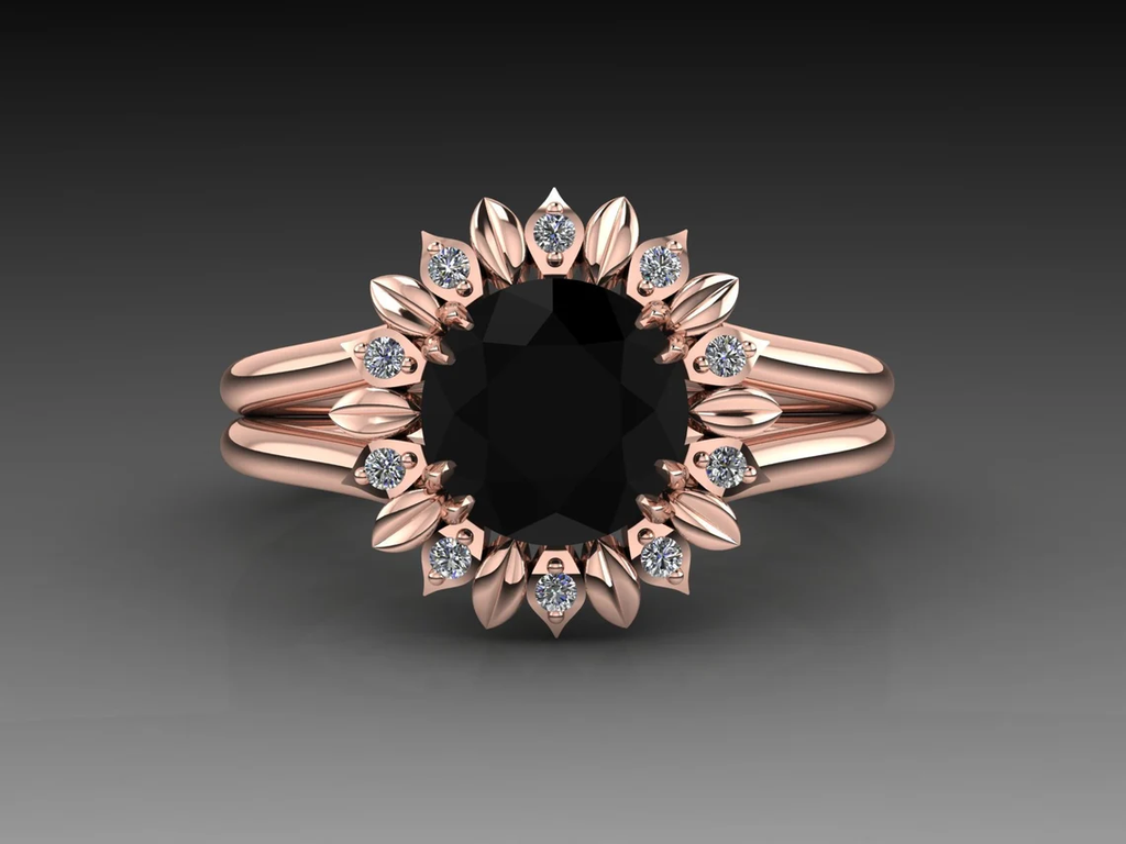 Sun Flower Black Diamond Engagement Ring, In Rose Gold