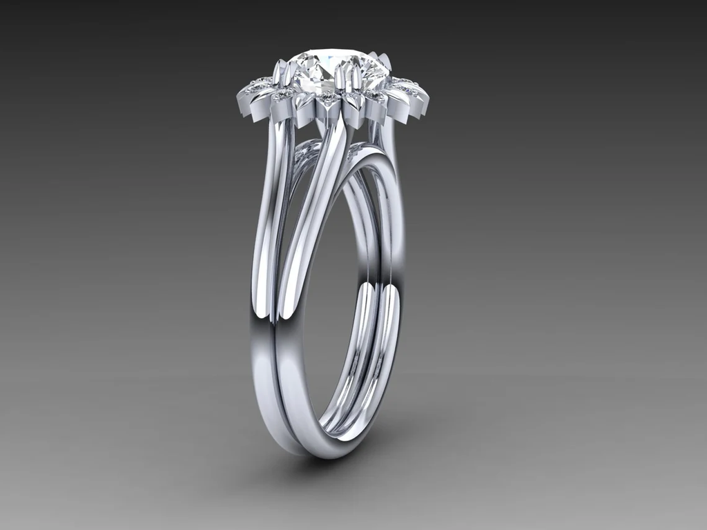 Sunflower Moissanite Ring White Gold Diamond Floral Engagement Ring