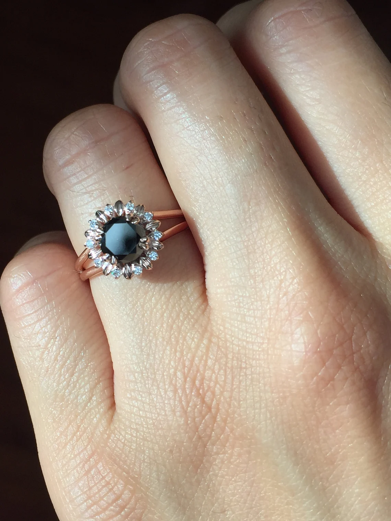 Sun Flower Black Diamond Engagement Ring, In Rose Gold
