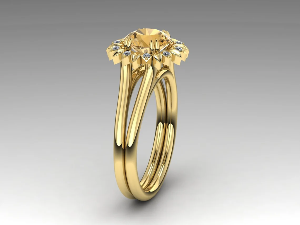 Citrine And Diamond Flower Ring, 14K Yellow Gold