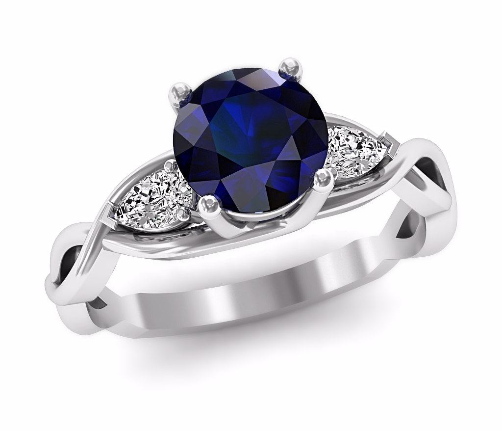 Blue Sapphire & Diamond 3 Stone Engagement Ring