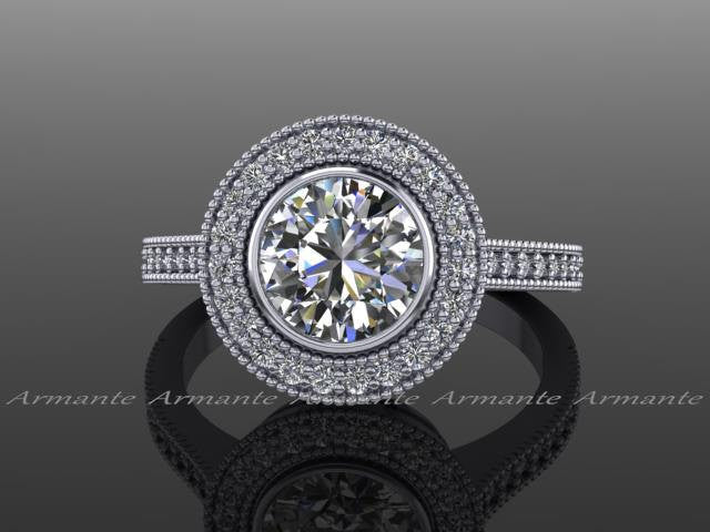 Halo Vintage Style Moissanite & Diamond Engagement Ring