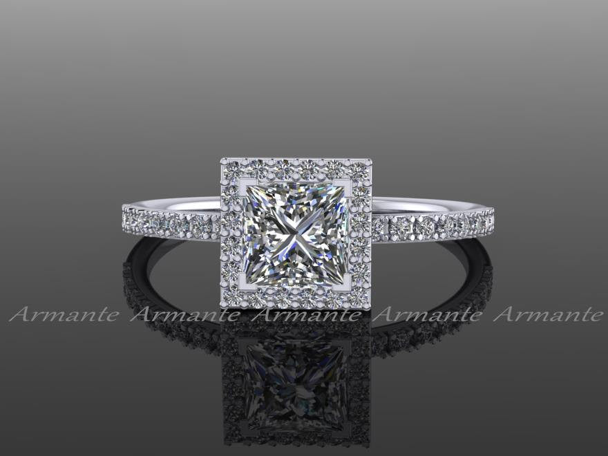 Moissanite Princess Cut Engagement Ring, 14K White Gold