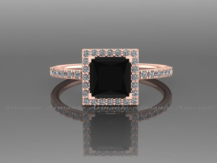 14K Rose Gold Black Diamond Princess Cut Engagement Ring