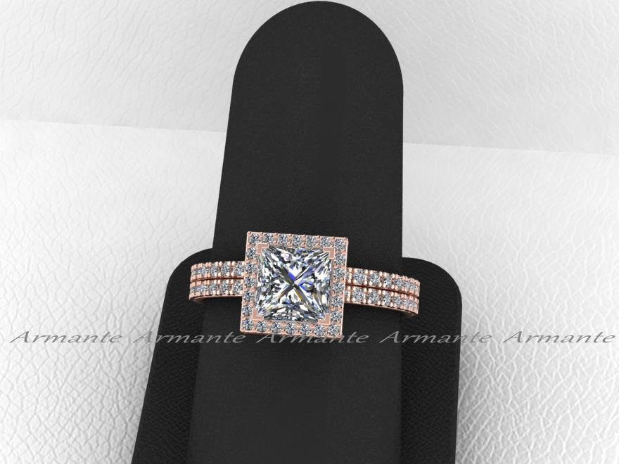 Princess Cut Wedding Ring Set, 14K Rose Gold