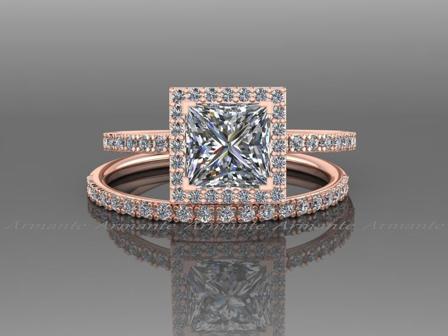 Princess Cut Wedding Ring Set 14K Rose Gold