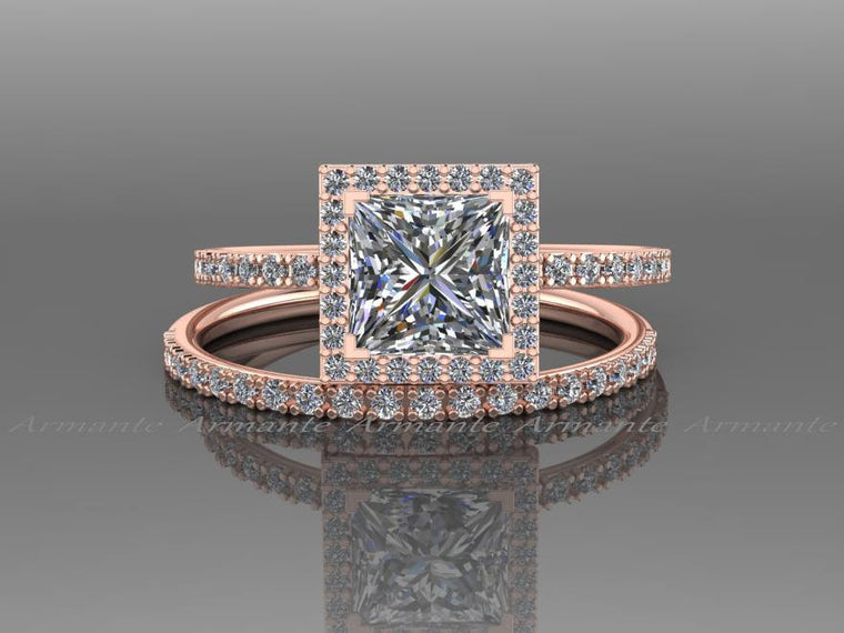 Princess Cut Wedding Ring Set, 14K Rose Gold