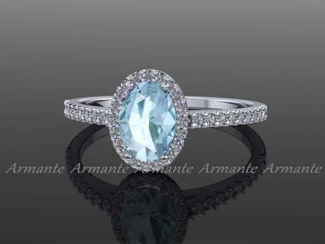 Oval Cut Blue Aquamarine and Diamond Halo Engagement Ring