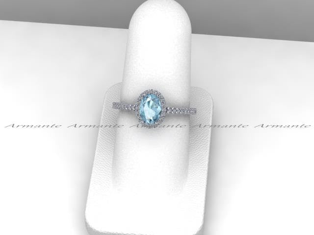 Oval Cut Blue Aquamarine and Diamond Halo Engagement Ring