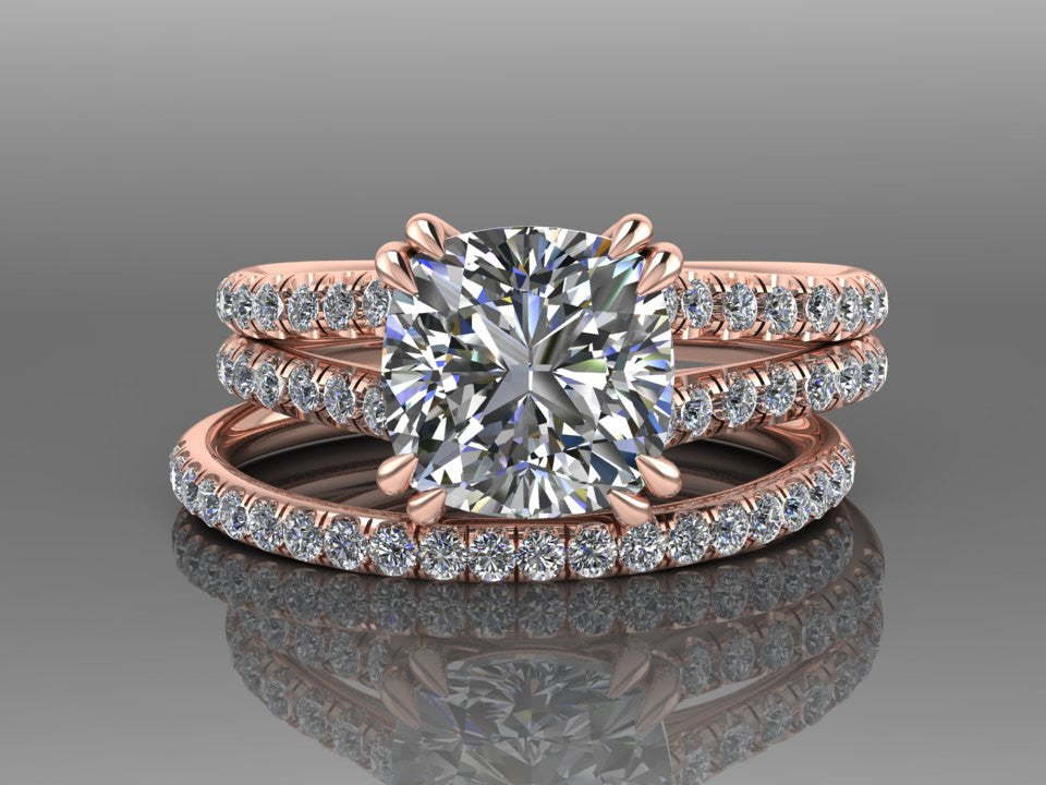 Split Shank Cushion Moissanite and Diamond Wedding Ring Set