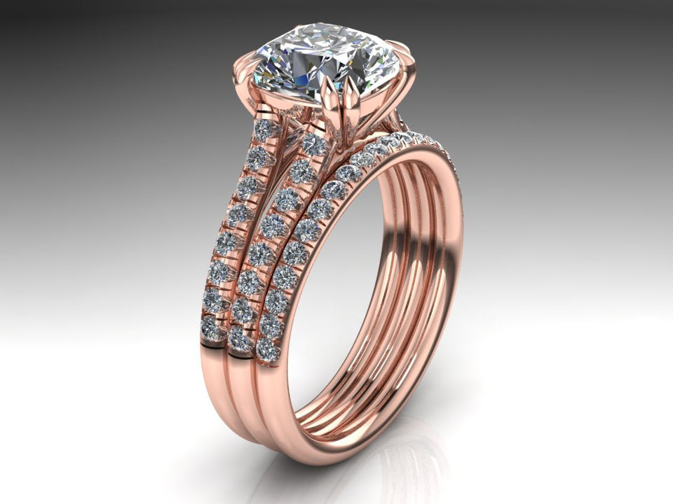 Split Shank Cushion Moissanite and Diamond Wedding Ring Set