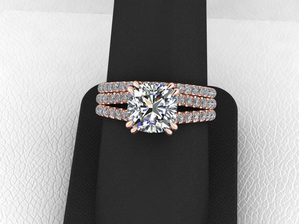 Split Shank Cushion Moissanite and Diamond Wedding Ring Set