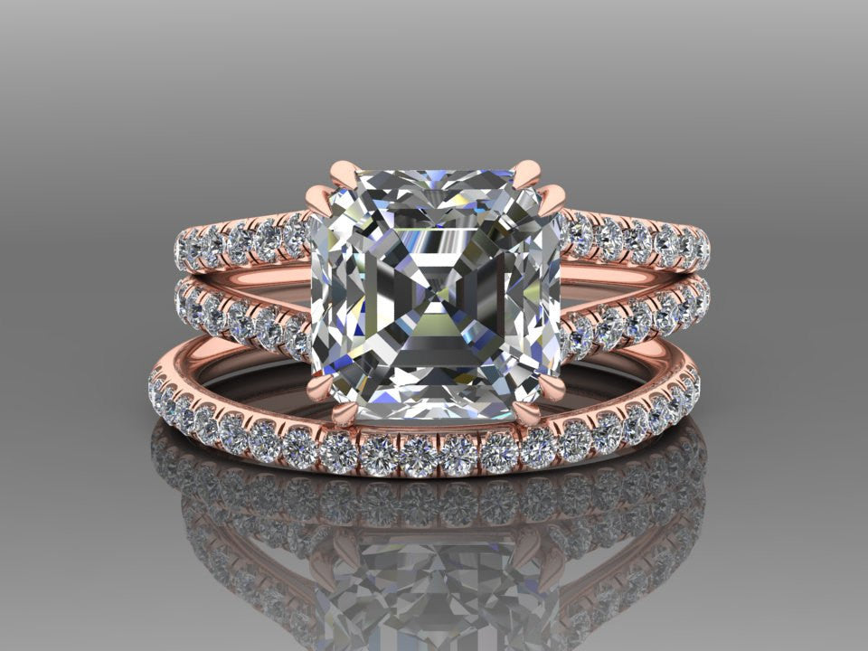 Rose Gold Ascher Cut Moissanite Engagement Set