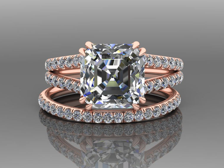 Rose Gold Ascher Cut Moissanite Engagement Set