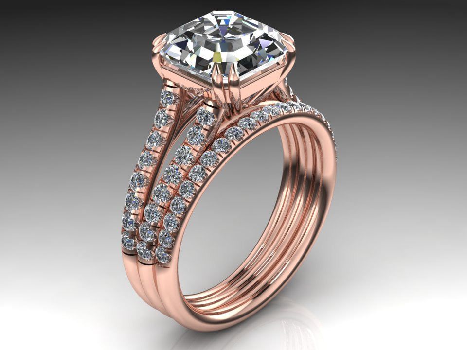 Rose Gold Ascher Cut Moissanite Engagement Set
