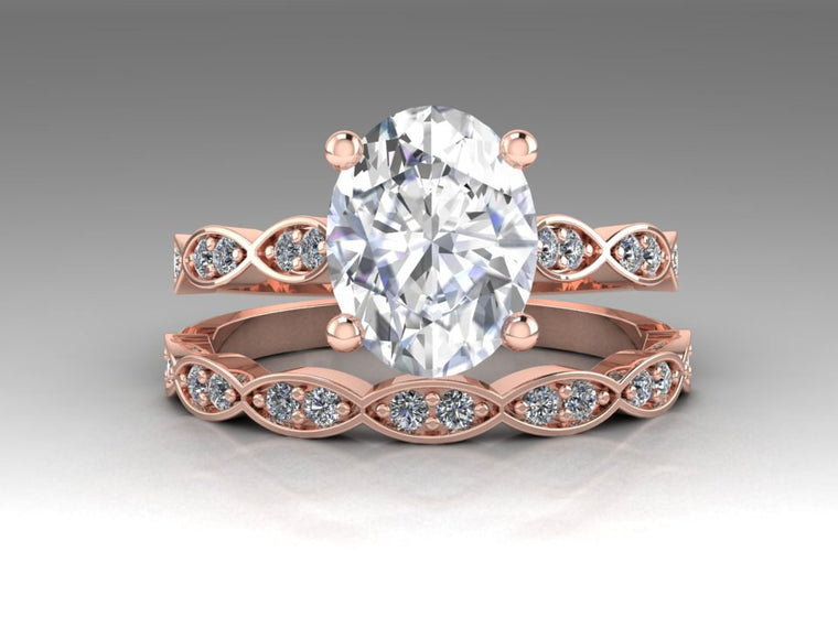 Rose Gold Oval Forever One Moissanite Engagement Ring Set