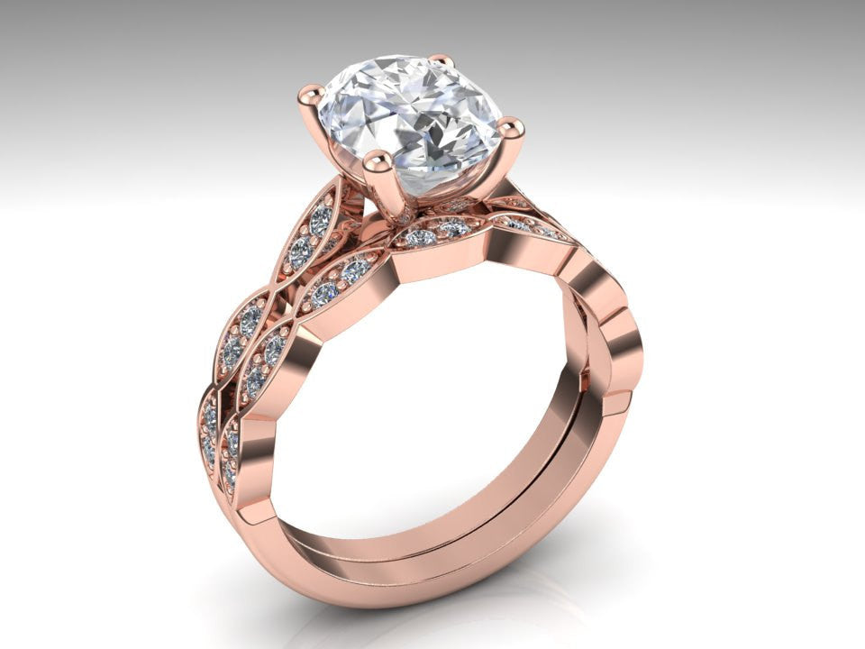 Rose Gold Oval Forever One Moissanite Engagement Ring Set