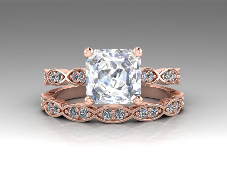 Floral Ring Set, Step Cut Asscher Forever One Moissanite