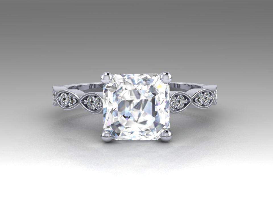 Asscher Cut Moissanite & Diamond Leaf Band Wedding Ring