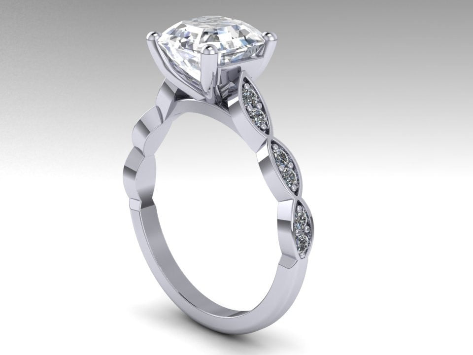 Asscher Cut Moissanite & Diamond Leaf Band Wedding Ring