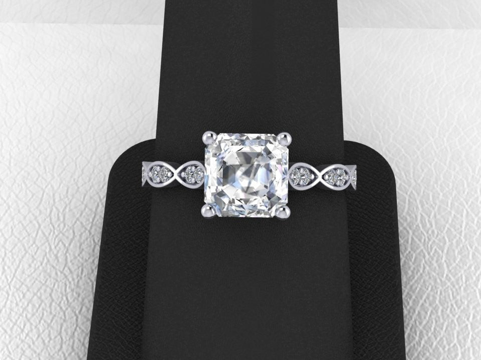 Asscher Cut Moissanite & Diamond Leaf Band Wedding Ring