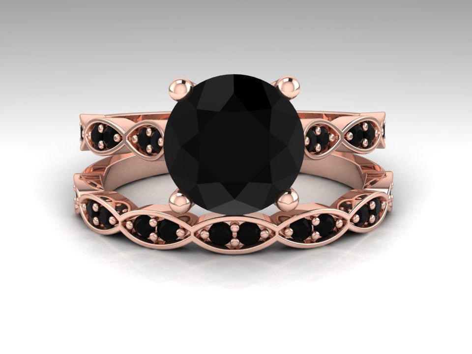 Rose Gold Bridal Ring Set, Black Diamond Engagement Ring Set