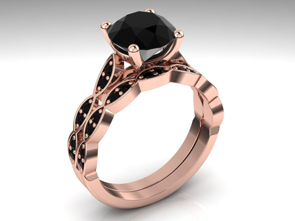 Rose Gold Bridal Ring Set, Black Diamond Engagement Ring Set