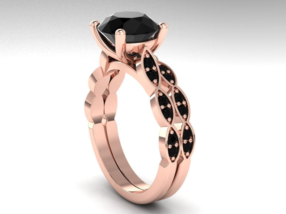 Rose Gold Bridal Ring Set, Black Diamond Engagement Ring Set