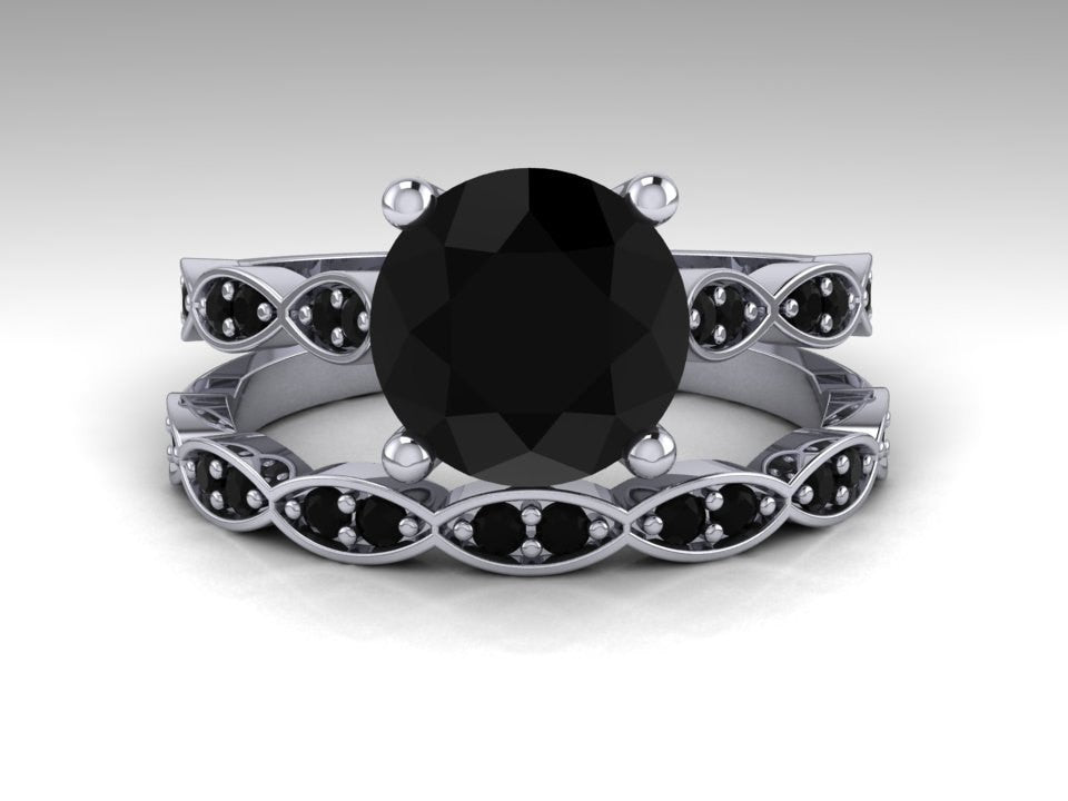 Black Diamond Wedding Ring Set, White Gold Bridal Ring Set