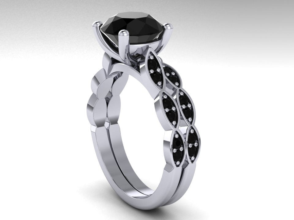 Black Diamond Wedding Ring Set, White Gold Bridal Ring Set