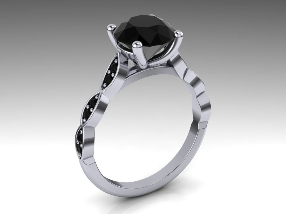 Leaf Solitaire Black Diamond 14K White Gold Wedding Ring