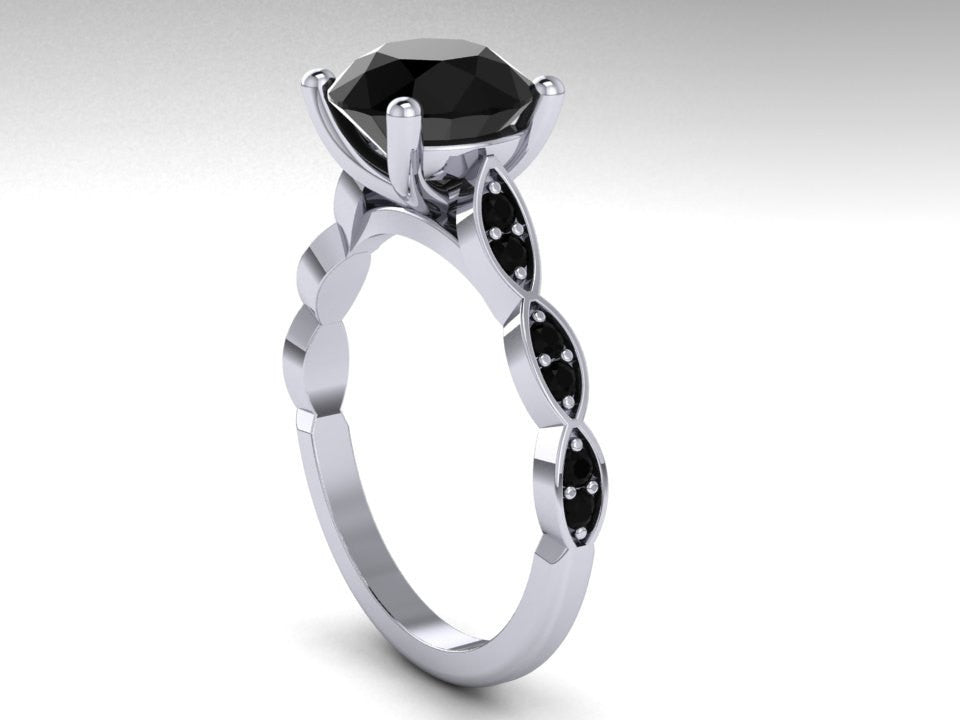 Leaf Solitaire Black Diamond 14K White Gold Wedding Ring