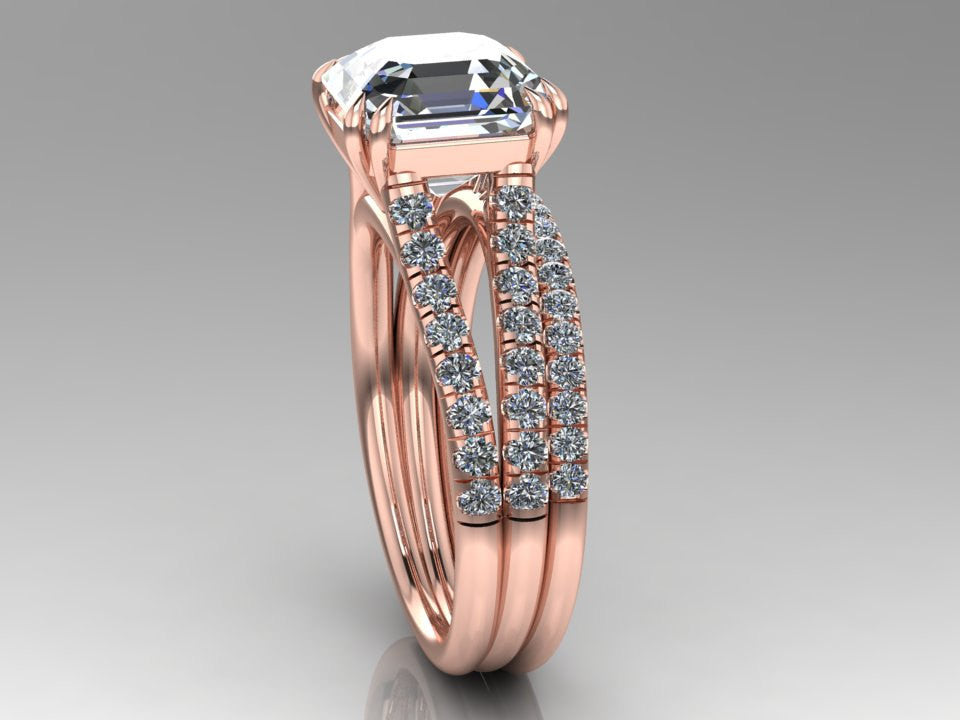 Rose Gold Ascher Cut Moissanite Engagement Set
