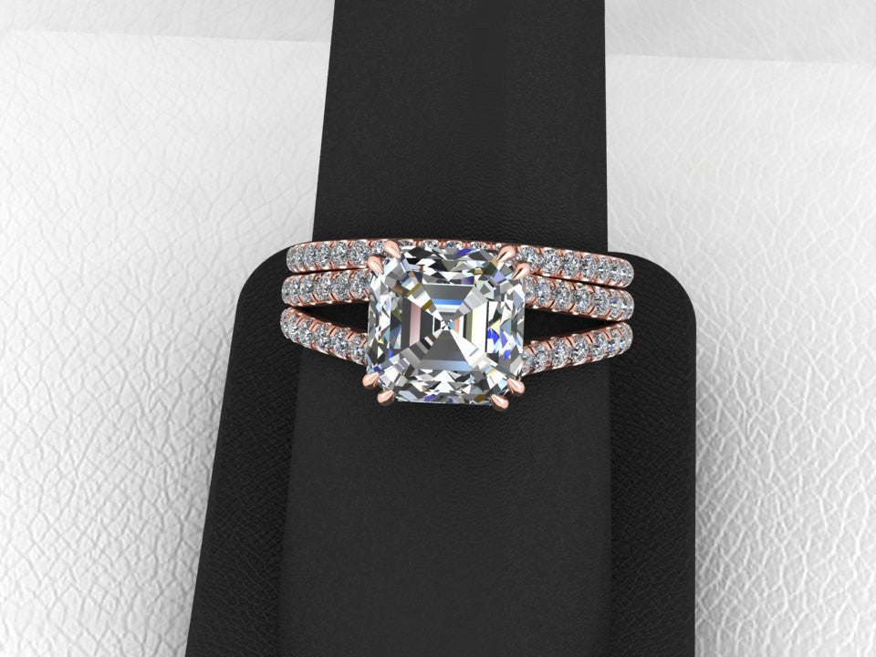 Rose Gold Ascher Cut Moissanite Engagement Set