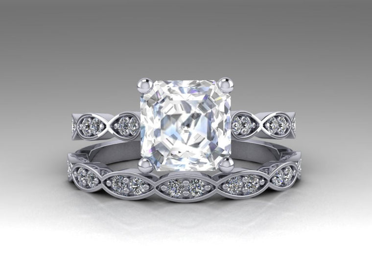 Forever One Moissanite Asscher Cut Engagement Ring Set